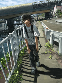 1girl absurdres androgynous anko1127 backpack bag black_bag black_eyes black_hair black_pants black_shoes building car cityscape commentary_request day guard_rail highres hot motor_vehicle original outdoors pants path power_lines railing river road scenery shadow shirt shoes short_hair short_sleeves solo sweat t-shirt utility_pole walking white_shirt