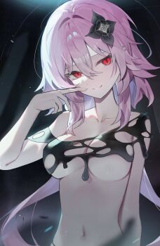 1girl absurdres bare_shoulders black_flower black_rose breasts cleavage collarbone dark_background evernight_(honkai:_star_rail) flower hair_between_eyes hair_flower hair_ornament highres honkai:_star_rail honkai_(series) huu_(dighapdlxm12) long_hair looking_at_viewer march_7th_(honkai:_star_rail) medium_breasts navel nude pink_hair red_eyes rose smile solo stomach underboob upper_body