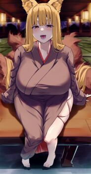 1girl absurdres animal_ear_fluff animal_ears barefoot blonde_hair blurry blurry_background blush breasts brown_kimono commentary_request fangs fox_ears fox_girl fox_tail full_body highres huge_breasts japanese_clothes kimono kitsune kyuubi long_hair looking_at_viewer mirufi_(milfiiiiyu) multiple_tails open_mouth orange_eyes original paid_reward_available sitting solo tail very_long_hair