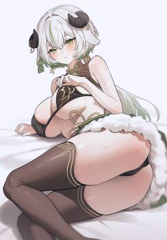 1girl animal_ears armpit_crease ass bare_arms bare_shoulders bikini black_bikini breasts brown_thighhighs chest_harness cleavage closed_mouth commission cow_ears cow_horns feet_out_of_frame fur-trimmed_skirt fur_trim fymrie gradient_hair green_eyes green_hair harness highres horns large_breasts long_hair looking_at_viewer low_ponytail lying miniskirt multicolored_hair on_side original ponytail second-party_source simple_background skindentation skirt solo streaked_hair sweat swimsuit thighhighs thighs two-tone_hair white_background white_hair