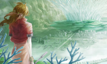 Rule 34 | 1990s (style), 1girl, aerith gainsborough, bracelet, brown hair, city, dress, female focus, final fantasy, final fantasy vii, forgotten city, jacket, jewelry, long hair, nature, outdoors, pink ribbon, ponytail, retro artstyle, ribbon, ruins, solo, staff, tetra (pixiv)