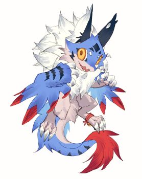 Rule 34 | animal ears, blue fur, blue wings, body fur, brown fur, claws, fangs, full body, fur-tipped tail, highres, leviair, looking at viewer, neck fur, no humans, open mouth, original, short eyebrows, simple background, solo, tail, white background, white fur, winged arms, wings, yellow eyes