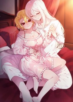 1boy 1girl bed bedroom blonde_hair blush breasts canopy_bed cleavage_cutout closed_eyes closed_mouth clothing_cutout don_quixote_(project_moon) hand_grab hand_on_own_stomach head_rest highres la_manchaland&#039;s_don_quixote_(project_moon) lace large_breasts leaning_on_person limbus_company lingerie long_hair long_sleeves looking_down nightgown off_shoulder on_bed pink_nightgown pmchell_04 project_moon red_eyes sancho_(project_moon) shiny_skin short_hair sitting sitting_on_lap sitting_on_person slit_pupils smile underwear wavy_hair white_hair white_nightgown