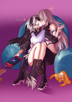 2girls animal_ears black_hair black_pants black_shirt blush boots closed_eyes coralie_6626_planck crop_top detached_sleeves dog_ears dog_girl dog_tail erdos_helia fukimeisamara grey_hair handheld_game_console high_heels highres holding holding_another&#039;s_wrist holding_handheld_game_console honkai_(series) honkai_impact_3rd kiss long_hair multicolored_hair multiple_girls navel nintendo_switch pants purple_background purple_vest shirt shorts sitting sitting_on_lap sitting_on_person socks streaked_hair stuffed_animal stuffed_toy tail two-tone_hair vest white_hair yuri