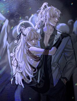 1boy 1girl aegyo_sal black_dress black_gloves black_shirt blonde_hair bracelet brown_eyes coat collared_shirt cowboy_shot dress elbow_gloves evie_(baoxiao) film_grain gloves grey_coat hair_bun hand_in_pocket hand_on_another&#039;s_shoulder headband hetero high_ponytail highres jewelry lens_flare long_hair looking_at_another multiple_boys omniscient_reader&#039;s_viewpoint pearl_bracelet pectoral_cleavage pectorals people ponytail rainbow shirt smile smirk sun_wukong_(omniscient_reader&#039;s_viewpoint) uriel_(omniscient_reader&#039;s_viewpoint) very_long_hair yellow_eyes