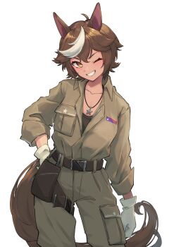 1girl absurdres ahoge animal_ears belt black_belt collarbone commission gloves highres horse_ears horse_girl horse_tail jewelry jumpsuit konome_maru multicolored_hair necklace one_eye_closed short_hair skeb_commission solo star_(symbol) star_in_eye star_necklace streaked_hair symbol_in_eye tail tomoe_umari v-dere virtual_youtuber white_background white_gloves white_hair