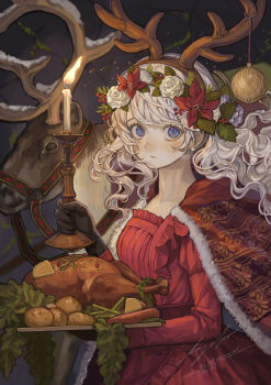 1girl absurdres antler_ornament black_gloves blue_eyes blush bridle candle candlestand carrot christmas commentary dress flower flower_wreath food fruit fur_trim gloves head_wreath highres holding holding_candlestand holding_tray lemon lemon_slice long_hair looking_at_viewer original parted_lips potato red_dress reindeer sayoko_(sayosny2) signature solo tray turkey_(food) upper_body wavy_hair white_flower white_hair