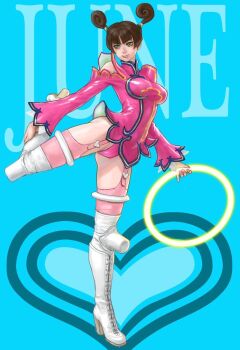 Rule 34 | 1girl, ass, boots, breasts, brown hair, capcom, gonome, green eyes, groin tendon, june lin milliam, large breasts, leg hold, leg up, shiny skin, smile, star gladiator, stretching, thighhighs, thighs, twintails, upskirt, weapon