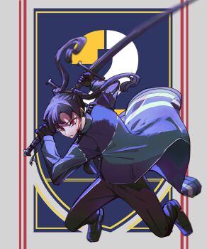 1girl black_hair black_pants black_shoes blue_jacket full_body highres holding holding_sword holding_weapon isadora_(project_moon) jacket library_of_ruina long_hair looking_at_viewer m_ttl pants project_moon red_eyes shoes solo sword twintails weapon zwei_association_south_uniform