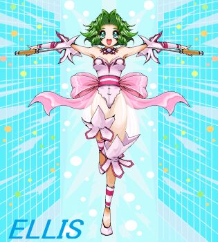 Rule 34 | 1990s (style), 1girl, :d, ankle cuffs, armpits, back bow, blue background, blunt sidelocks, bow, breasts, character name, dagger, derivative work, dot nose, dual wielding, ellis (toushinden), full body, green eyes, green hair, holding, jewelry, knife, kotobuki tsukasa (style), leotard, looking at viewer, medium breasts, microsoft paint (medium), necklace, open mouth, outstretched arms, parted bangs, pink bow, retro artstyle, rf (aruehu), see-through clothes, shoes, short hair, sidelocks, smile, solo, spread arms, standing, standing on one leg, straight-on, toushinden, weapon, white ankle cuffs, white leotard, white shoes, white wrist cuffs, wrist cuffs