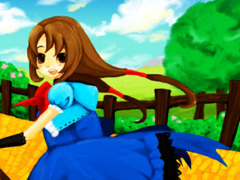 Rule 34 | 1girl, 2010, artist name, artist request, blue dress, bow, bowtie, brown eyes, brown hair, dorothy gale, dorothy gale (riz-zoawd), dress, female focus, long hair, long skirt, media.vision, riz-zoawd, skirt, the wizard of oz