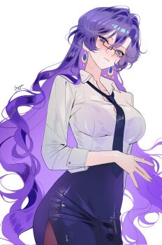 1girl alternate_costume bespectacled black_necktie black_skirt blue_eyes bra_visible_through_clothes breasts cantarella_(wuthering_waves) collared_shirt commentary contemporary cowboy_shot earrings english_commentary facial_mark glasses hair_between_eyes highres jewelry large_breasts long_hair looking_at_viewer mark_under_eye necktie office_lady parted_lips pencil_skirt purple_hair rectangular_eyewear sanya_(sanya_lox228) shirt side_slit simple_background skirt solo very_long_hair white_background white_shirt wuthering_waves