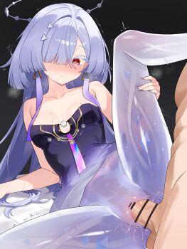 1boy 1girl absurdres bar_censor bare_arms blue_hair blush breasts censored clothed_sex commentary dress english_commentary erection hair_over_one_eye halo hetero highres long_hair mornye_(wuthering_waves) nabiyan parted_lips penis purple_dress pussy red_eyes see-through_body sex sleeveless sleeveless_dress small_breasts solo_focus spread_legs vaginal wuthering_waves