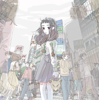 6+boys 6+girls bag black_hair blue_shoes briefcase brown_hair building cityscape cropped crosswalk earrings hair_ornament hairclip handbag highres holding holding_briefcase hood hood_down hoodie jewelry loafers long_hair looking_at_viewer medium_hair multiple_boys multiple_girls octopus_tattoo original oshima_tomoko outdoors people pleated_skirt shoes short_hair skirt sky socks solo solo_focus standing sweater tattoo walking white_socks white_sweater