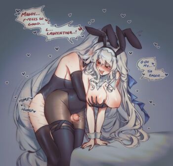 Rule 34 | 2girls, animal ears, arknights, black leotard, black pantyhose, black thighhighs, blush, breasts, commentary, cum, english commentary, english text, fake animal ears, futa with female, futanari, grey hair, groping, large breasts, leotard, long hair, multiple girls, open mouth, orz (kagewaka), pantyhose, penis, rabbit ears, red eyes, sharp teeth, skadi (arknights), specter (arknights), specter the unchained (arknights), strapless, strapless leotard, teeth, thigh sex, thighhighs, very long hair