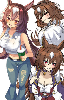 1girl animal_ears blue_choker blush breasts brown_hair choker cleavage collared_shirt commentary_request corset crop_top cropped_shirt ear_ornament grey_pants hanamura_pink highres horse_ears horse_girl horse_tail jacket large_breasts long_hair looking_at_viewer midriff multicolored_hair navel official_alternate_costume pants pendant_choker red_corset red_eyes red_shorts shirt shorts simple_background sirius_symboli_(umamusume) sleeveless sleeveless_shirt smile starting_future_(umamusume) stomach streaked_hair tail umamusume white_background white_hair white_jacket white_shirt