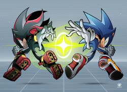 Rule 34 | 2boys, absurdres, black hair, commentary, english commentary, full body, furry, gloves, glowing, green eyes, grey background, hedgehog boy, highres, james diato, looking at viewer, male focus, multiple boys, no humans, red eyes, shadow the hedgehog, shoes, simple background, smile, sonic (series), sonic the hedgehog, spiked hair, standing