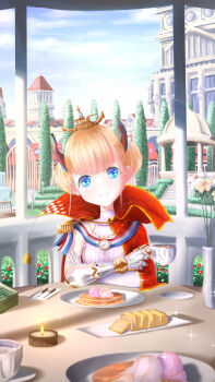 1girl azur_lane blonde_hair blue_eyes breasts candle cape commentary crown cup english_commentary flower gauntlets gold_trim highres holding holding_cup jewelry le_triomphant_(azur_lane) looking_at_viewer mini_crown mister_varkat necklace pov_across_table pov_dating red_cape red_flower single_bare_shoulder small_breasts smile solo vase white_flower