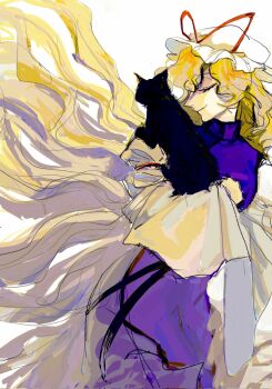 Rule 34 | 1girl, animal, black cat, blonde hair, cat, chen, chen (cat), closed eyes, closed mouth, cyyyk, dress, floating hair, hat, hat ribbon, highres, holding, holding animal, holding cat, long hair, long sleeves, mob cap, multiple tails, purple tabard, ribbon, smile, tabard, tail, touhou, two tails, very long hair, white background, white dress, yakumo yukari