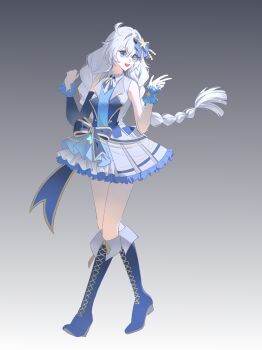 Rule 34 | 1girl, absurdres, alternate universe, bare arms, blue dress, blue eyes, boots, braid, buchuhutaobugaiming, chinese commentary, commentary request, dress, full body, gradient background, grey background, hair between eyes, highres, honkai (series), honkai impact 3rd, idol, kiana kaslana, open mouth, shade, side ahoge, sleeveless, sleeveless dress, smile, solo, twin braids, white hair, wrist cuffs