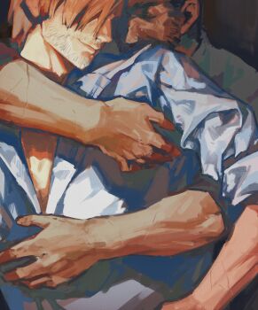 2boys beard beard_stubble blonde_hair blue_shirt brown_hair chris_redfield collared_shirt commentary facial_hair hand_on_another's_stomach head_tilt highres hug jianghesongmu leon_s._kennedy multiple_boys muscular muscular_male painterly partially_open_shirt pectoral_cleavage pectorals resident_evil resident_evil_1 resident_evil_2 scar scar_on_arm shirt sleeves_rolled_up smile stubble turning_head yaoi