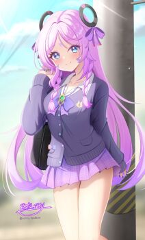 1girl alternate_costume blue_eyes blush braid cardigan citlali_(genshin_impact) closed_mouth collarbone commentary_request day fingernails floating_headgear genshin_impact grey_cardigan hand_in_own_hair hand_up headgear highres hyakuya_iori long_hair looking_at_viewer nail_polish outdoors pink_pupils purple_hair purple_nails purple_skirt signature skirt smile solo twin_braids twitter_username very_long_hair