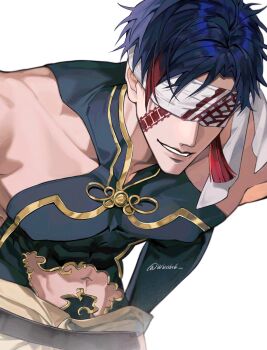 1boy black_hair blindfold commentary highres male_focus muscular muscular_male qin_shi_huang_(shuumatsu_no_valkyrie) short_hair shuumatsu_no_valkyrie smile solo symbol-only_commentary tagme tattoo wbnh6