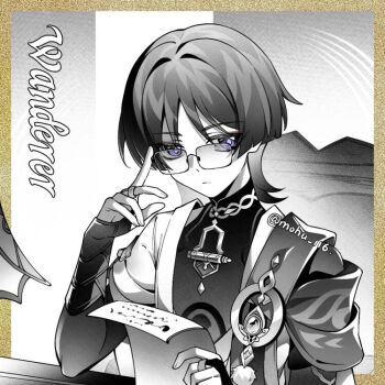 1boy adjusting_eyewear armor bespectacled blunt_ends bodysuit bridal_gauntlets cape character_name choppy_bangs closed_mouth elbow_rest expressionless eyeliner fingernails furisode gem genshin_impact glass glasses greyscale hair_intakes hand_up hashtag-only_commentary index_finger_raised japanese_armor japanese_clothes kimono kote layered_sleeves looking_at_viewer makeup male_focus mandarin_collar middle_ring mohu_116 monochrome open_clothes open_kimono pom_pom_(clothes) purple_eyes red_eyeliner rimless_eyewear scaramouche_(genshin_impact) short_sleeves shoulder_peek sitting solo spot_color tsurime twitter_username upper_body vision_(genshin_impact) wanderer_(genshin_impact)