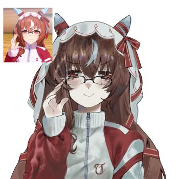 1girl adjusting_eyewear alternate_costume animal_ears bespectacled blush breasts brown_hair commentary_request derivative_work glasses highres horse_ears horse_girl ian_(2uaiueo) jacket looking_at_viewer red_eyes screenshot_redraw simple_background smile smug solo sparkle still_in_love_(umamusume) track_jacket umamusume veil white_background