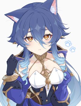 1girl absurdres animal_ears black_gloves blue_hair blue_sleeves blush breasts cat_ears cat_girl closed_mouth drill_hair drill_sidelocks earrings genshin_impact gloves gold_trim gradient_hair hair_between_eyes highres hood jewelry layla_(genshin_impact) long_hair long_sleeves multicolored_hair nya_inuha pointy_ears sidelocks solo twin_drills very_long_hair white_background yellow_eyes
