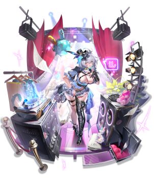 1girl animal_ear_hairband animal_ears artist_request asymmetrical_footwear asymmetrical_gloves black_boots blue_eyes blue_nails boots bow bowtie breasts character_request clothes_hanger daiblos_core fake_animal_ears flower gloves green_eyes grey_hair grey_skirt hairband hat highres hologram mini_hat mini_top_hat mirror mismatched_gloves official_art open_mouth paper partially_fingerless_gloves plaid_clothes plaid_skirt plant rabbit_ear_hairband rabbit_ears single_thigh_boot skirt smile solo speaker stanchion thigh_boots top_hat transparent_background unworn_hairband white_flower yellow_bow yellow_bowtie