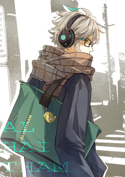 1boy alhaitham_(genshin_impact) aqua_streaks bag bespectacled black-framed_eyewear black_jacket character_name contemporary from_behind genshin_impact glasses grey_hair headphones highres jacket male_focus rectangular_eyewear scarf short_hair shoulder_bag solo standing suyako_(suya93)