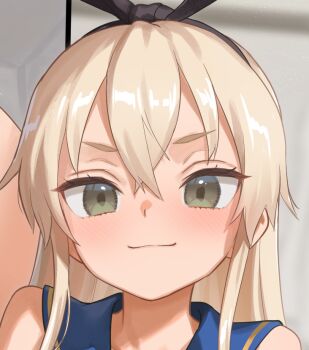 1girl animal_ears blonde_hair blue_sailor_collar kantai_collection kawakami_rokkaku long_hair off_shoulder paid_reward_available rabbit_ears sailor_collar shimakaze_(kancolle) smile solo yellow_eyes