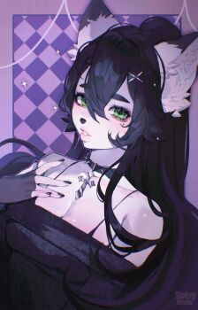 1girl aegyo_sal animal_ears animal_nose bad_tag black_bra black_choker black_hair black_shirt border bra bra_peek checkered_background choker chromatic_aberration colored_skin commentary commission cross cross_choker double-parted_bangs dutch_angle english_commentary eyelashes film_grain floral_print furry furry_female green_eyes hair_between_eyes hair_ornament hair_over_shoulder halftone halftone_background hand_on_own_chest high_ponytail highres long_hair looking_at_viewer mole mole_under_eye noisykoala off-shoulder_shirt off_shoulder original outline outside_border parted_lips ponytail purple_background purple_border purple_outline purple_theme shiny_skin shirt short_eyebrows spaghetti_strap sparkle teeth thick_eyebrows thick_lips tight_clothes tight_shirt underwear upper_body very_long_hair white_skin wolf_ears wolf_girl x_hair_ornament