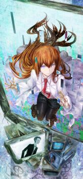 1boy 1girl absurdres artificial_intelligence belt belt_buckle binary black_boots black_hair black_jacket black_pantyhose black_shorts boots breasts brown_hair buckle clenched_teeth coat collared_shirt crt cry-planet floating_hair glitch hair_between_eyes highres jacket lab_coat lapels long_hair looking_at_viewer makise_kurisu makise_kurisu_(amadeus) monitor necktie notched_lapels okabe_rintarou okabe_rintarou_(beta) pantyhose parted_lips purple_eyes red_necktie ringed_eyes science_adventure shirt short_hair shorts small_breasts square_pupils steins;gate steins;gate_0 teeth white_belt white_coat white_shirt