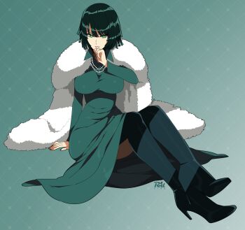 1girl artist_name black_boots bob_cut boots breasts coat coat_on_shoulders collared_dress dress fubuki_(one-punch_man) full_body fur_coat green_dress green_eyes green_hair hand_on_own_chin high_heel_boots high_heels highres impossible_clothes jewelry large_breasts necklace one-punch_man parted_lips pearl_necklace r3dfive short_hair sitting solo taut_clothes thigh_boots