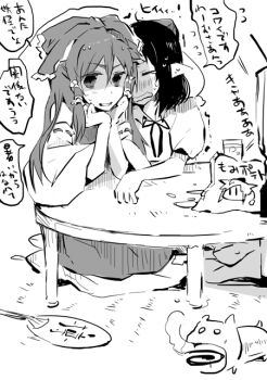 Rule 34 | 2girls, blush, bow, chabudai, character print, closed eyes, collared shirt, commentary request, detached sleeves, frilled bow, frilled hair tubes, frills, greyscale, hair bow, hair tubes, hakurei reimu, hand fan, hat, inubashiri momiji, long hair, monochrome, multiple girls, neck ribbon, open mouth, pointy ears, puffy short sleeves, puffy sleeves, ribbon, ribbon-trimmed sleeves, ribbon trim, scared, shameimaru aya, shirt, short sleeves, sitting, speech bubble, table, tokin hat, touhou, translation request, trembling, tyrant sugawara, watching television