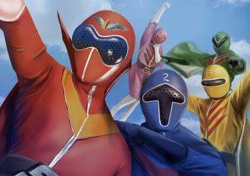 1girl 4boys absurdres aka_ranger ao_ranger arm_up arms_up assault_visor belt belt_buckle black_gloves blue_bodysuit blue_cape blue_helmet blue_sky bodysuit boots buckle cape clenched_hand cloud cloudy_sky commentary day gloves green_bodysuit green_cape green_helmet grey_belt helmet high_collar highres himitsu_sentai_gorenger ki_ranger looking_ahead looking_at_viewer midair mido_ranger momo_ranger multiple_boys outdoors outstretched_arm pink_bodysuit pink_helmet red_bodysuit red_cape red_helmet silver_trim sky super_sentai thomas_chan tokusatsu white_boots white_gloves zipper