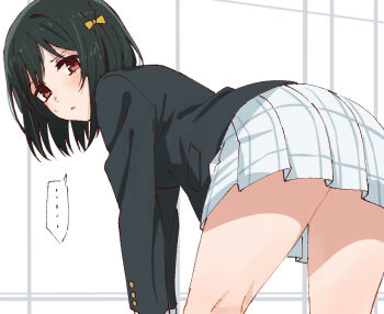 ... 1girl bent_over black_hair black_jacket blush bob_cut commentary_request from_behind jacket long_sleeves looking_at_viewer looking_back love_live! love_live!_nijigasaki_high_school_idol_club mifune_shioriko miniskirt nijigasaki_school_uniform parted_lips plaid_clothes plaid_skirt pleated_skirt red_eyes school_uniform short_hair skirt skt_(ryxxxxx) solo speech_bubble spoken_ellipsis thighs white_skirt winter_uniform