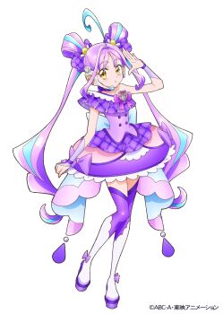 1girl absurdres ahoge blue_hair boots bow bubble_skirt choker copyright_notice cure_kyunkyun detached_sleeves double_bun dress frilled_dress frills full_body hair_bow hair_bun hand_up headset heart highres idol_heart_brooch_(precure) kimi_to_idol_precure long_hair looking_at_viewer magical_girl multicolored_hair official_art precure purple_boots purple_bow purple_dress purple_hair second-party_source shigure_kokoro simple_background skirt solo standing tachi-e thigh_boots twintails two-tone_hair very_long_hair white_background yellow_eyes