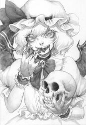 Rule 34 | 1girl, artist name, bat wings, blood, blood drip, blood on face, blood on hands, blood stain, chest jewel, crack, cracked skull, curly hair, demon wings, fingernails, frilled hat, frilled shirt, frilled sleeves, frilled wristband, frills, gem, greyscale, hair between eyes, hat, hat ornament, hat ribbon, highres, holding, holding skull, jewelry, johnalay, looking at viewer, medium hair, mob cap, monochrome, nail polish, neck ribbon, open mouth, puffy short sleeves, puffy sleeves, remilia scarlet, ribbon, sharp fingernails, shirt, short sleeves, simple background, skirt, skull, slit pupils, smile, teeth, tongue, tongue out, touhou, traditional media, vampire, white background, wings, wristband