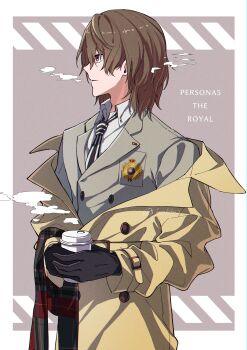 1boy absurdres akechi_gorou black_gloves black_necktie black_scarf border brown_background brown_eyes brown_hair brown_jacket copyright_name cowboy_shot cup disposable_coffee_cup disposable_cup from_side gloves highres holding holding_cup j_okiba2 jacket jacket_partially_removed long_sleeves looking_to_the_side male_focus medium_hair necktie outside_border parted_lips persona persona_5 persona_5_the_royal raincoat scarf shirt solo steam striped_necktie two-tone_scarf white_border white_shirt wing_collar yellow_raincoat