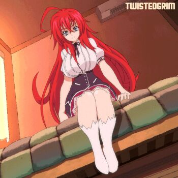 1girl ahoge air_conditioner animated animated_gif blouse breasts clothes_lift demon_girl high_school_dxd large_breasts legs long_hair panties red_hair rias_gremory school_uniform shirt sitting skirt skirt_lift socks solo spread_legs thighs twistedgrim underwear white_panties white_shirt white_socks