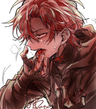 1boy black_gloves blood blood_on_clothes blood_on_face blood_on_hands cale_henituse commentary_request fingerless_gloves gloves highres hood hood_down hoodie jacket licking licking_finger long_sleeves lout_of_count&#039;s_family male_focus open_mouth osewa6363 red_hair sanpaku short_hair signature simple_background sketch solo sweat teeth tongue white_background