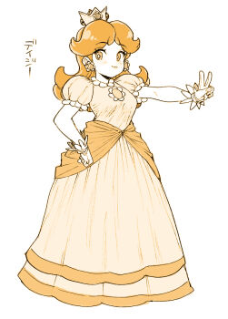 Rule 34 | 1girl, crown, dress, earrings, full body, gloves, hand on own hip, jewelry, long hair, mario (series), monochrome, nintendo, ponsuke (pon00000), princess daisy, short sleeves, simple background, solo, standing, super mario land, v, white background, yellow theme