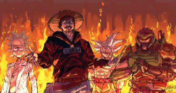 4boys abs angry armor crossover doom_(series) doomguy dragon_ball dragon_ball_super fire fortnite grey_hair hat highres jacket lab_coat meme mrbeast multiple_boys muscular muscular_male rick_and_morty rick_sanchez son_goku white_hair