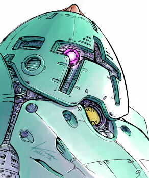 absurdres commentary_request dated gundam highres kobakin looking_at_viewer mecha mecha_focus mobile_suit one-eyed portrait red_eyes robot science_fiction sideways_glance signature simple_background solo white_background zock