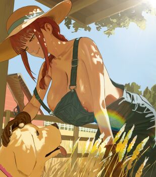 1girl alternate_breast_size_(larger) animal barn bent_over blue_overalls blue_sky braid braided_ponytail breasts brown_gloves chainsaw_man commentary dog farm farmer gloves gun hair_over_shoulder hat headpat highres hintobento huge_breasts leather leather_gloves long_hair makima_(chainsaw_man) mixed-language_commentary nipple_slip nipples no_bra outdoors overalls paid_reward_available patting red_hair rifle ringed_eyes sky smile solo strap_slip straw_hat sweat weapon yellow_eyes