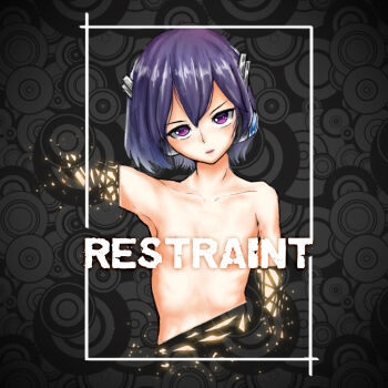 1girl abstract_background arm_up bilingual_commentary censored censored_by_text commentary dissolving english_text flat_chest looking_at_viewer mixed-language_commentary nude pisara_134 purple_eyes purple_hair robot_ears solo upper_body utane_uta utau