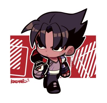 Rule 34 | 1boy, black eyes, black hair, black pants, chibi, chibi only, commentary, fingerless gloves, full body, gloves, grey shirt, highres, kazama jin, kotomaru (kotokoto kottan), male focus, outline, pants, shirt, signature, solo, symbol-only commentary, tekken, thick eyebrows, white outline